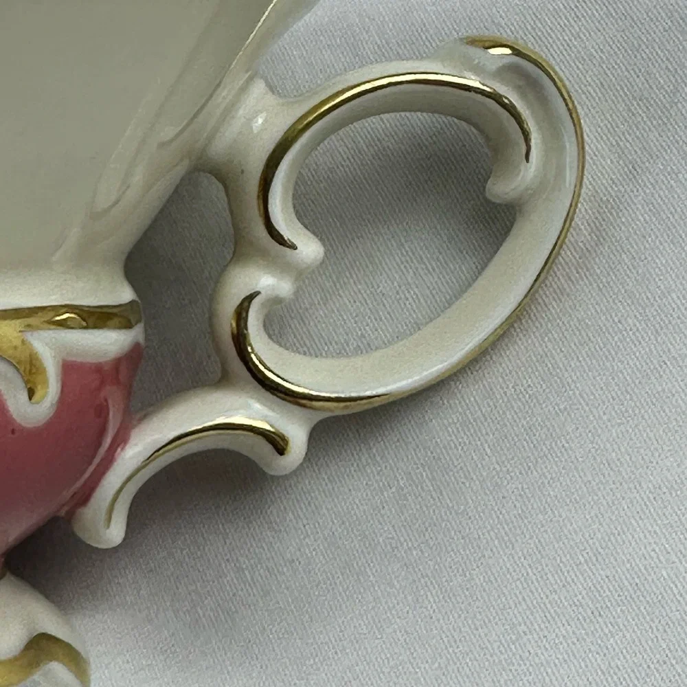 Weimar Porzellan ILSE Tea Trio Coral Pink Gold Gilt Rose Footed Cup Saucer Plate